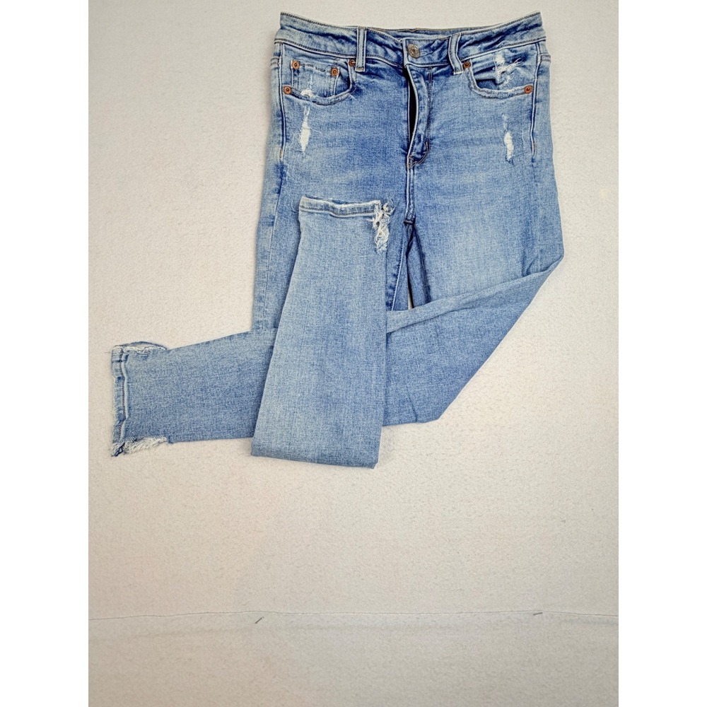 American Eagle Super Stretch Skinny Jeans Light Wash Distressed Ankle Zip S 4S